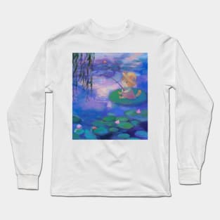 Cat Fishing Among Monet Water Lilies Long Sleeve T-Shirt